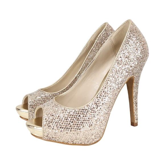 Aldo Nean Metallic Gold Glitter Open Toe Heel Size 6 Prom Wedding - Picture 1 of 8